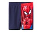 Kids' swim shorts with a navy blue left leg and a red Spider-Man graphic on the right.