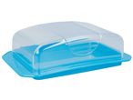 Portatovaglioli in plastica blu con coperchio trasparente.
