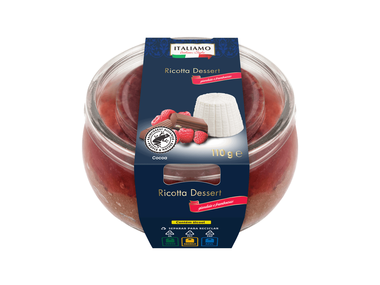 Sobremesa de ricota com gianduia e framboesas, 110g, com selo Rainforest Alliance.