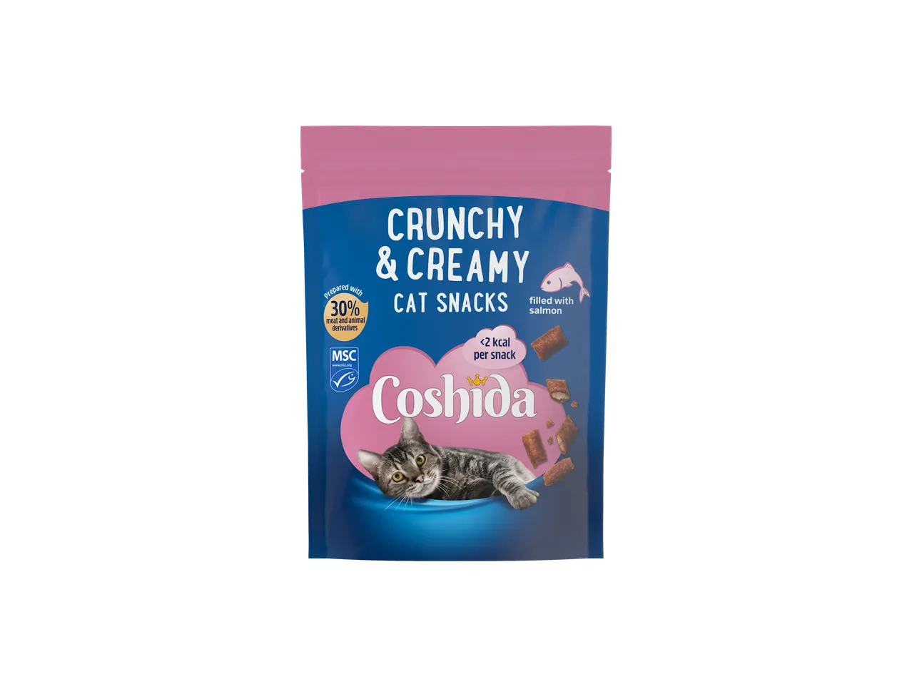 Friandises croquantes et crémeuses pour chats Coshida au saumon, préparées avec 30% de viande et de dérivés animaux.