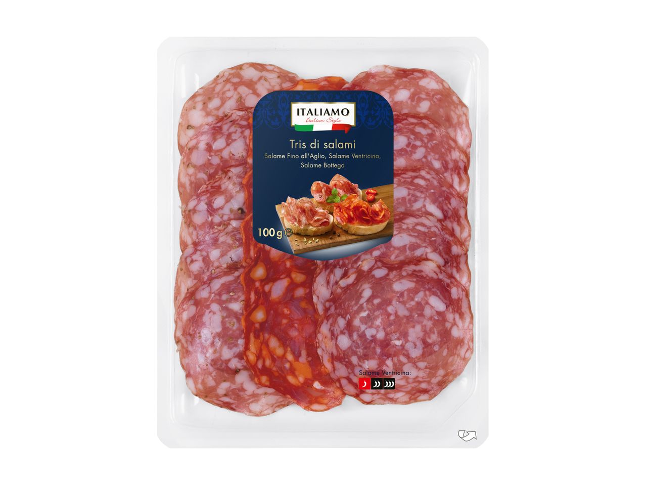 Paket narezanih salam znamke Italiamo, vključno s salamo Ventricina, salamo Fino all'Aglio in salamo Bottega.