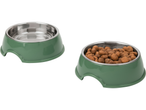 Două boluri verzi pentru animale de companie cu inserții din oțel inoxidabil.