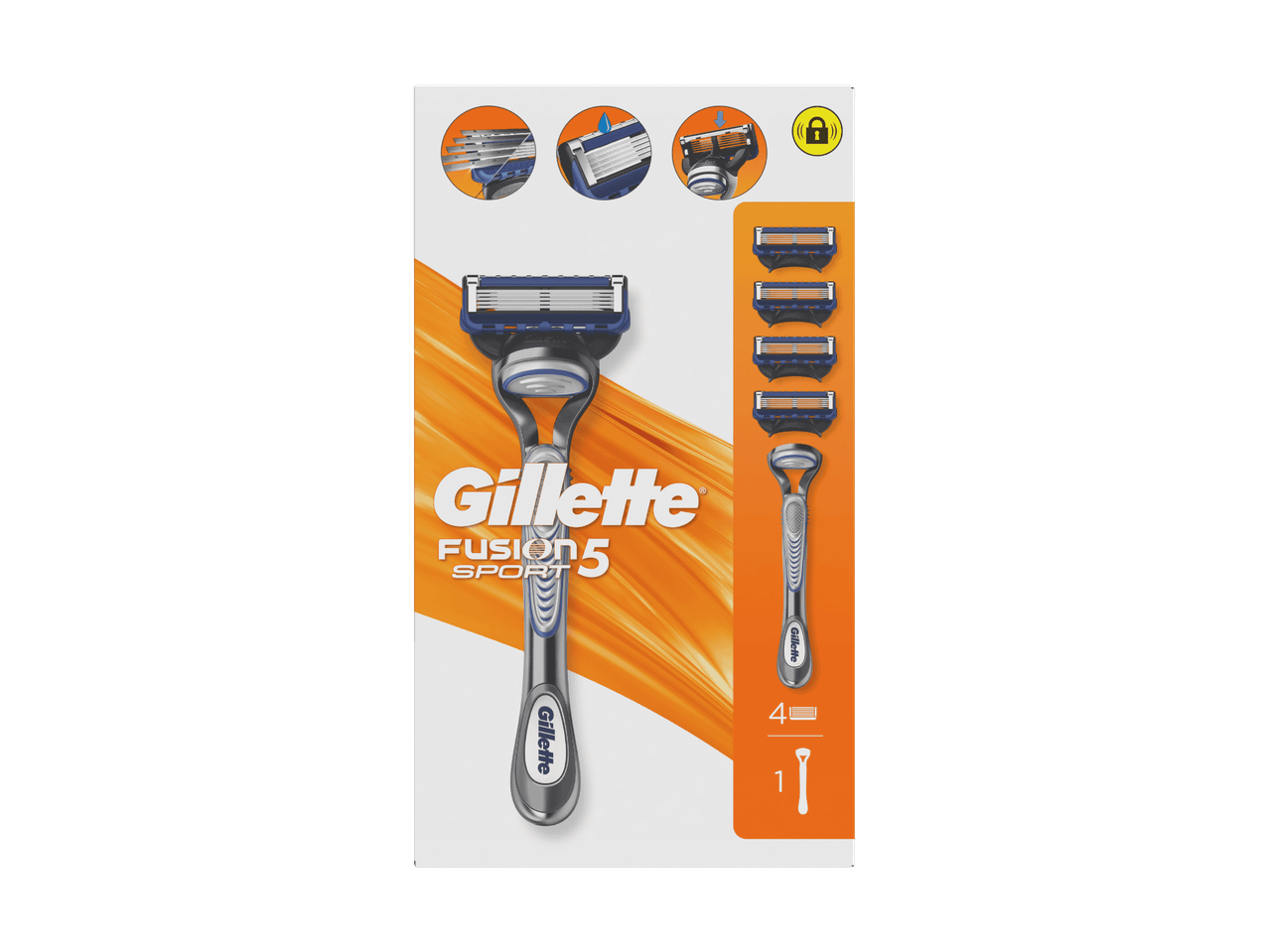 Gillette Fusion 5 Sport Rasierer mit 4 Ersatzklingen und einem Griff.
