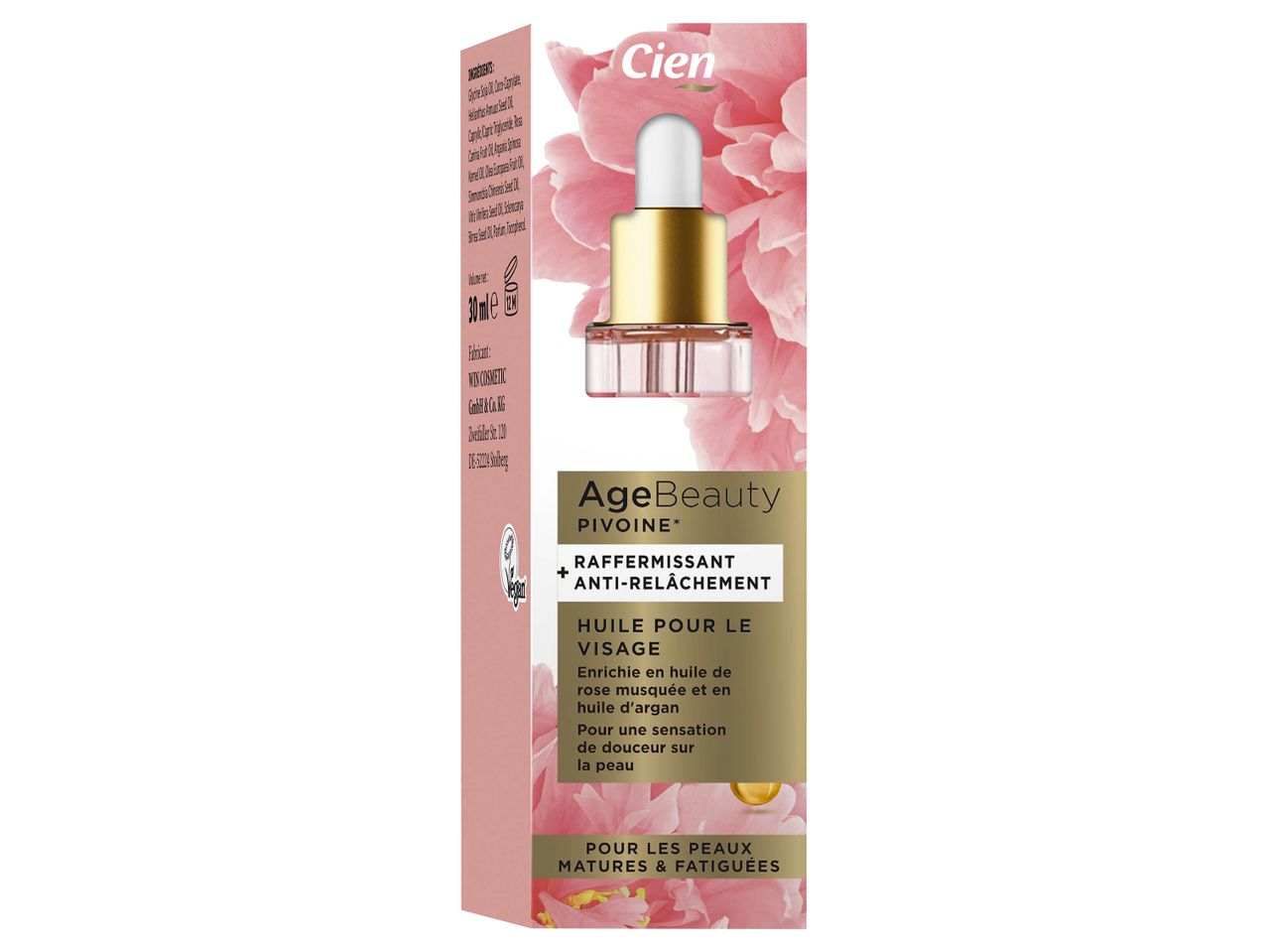 Huile pour le visage Cien AgeBeauty Pivoine, raffermissante et anti-relâchement, pour peaux matures et fatiguées.