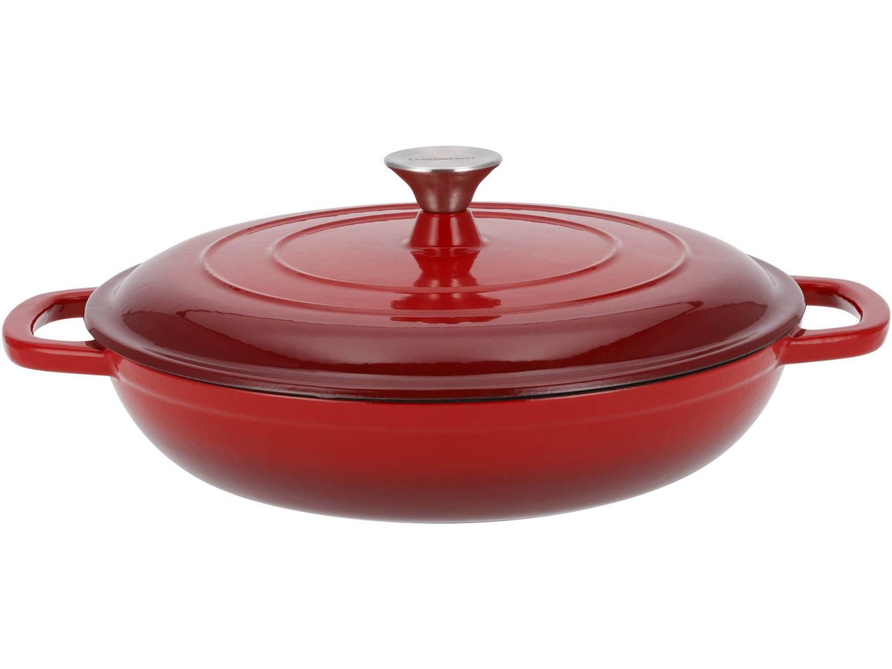 Red cast iron Dutch oven with a silver knob on the lid.