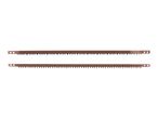 Two brown bow saw blades with different tooth patterns on a white background