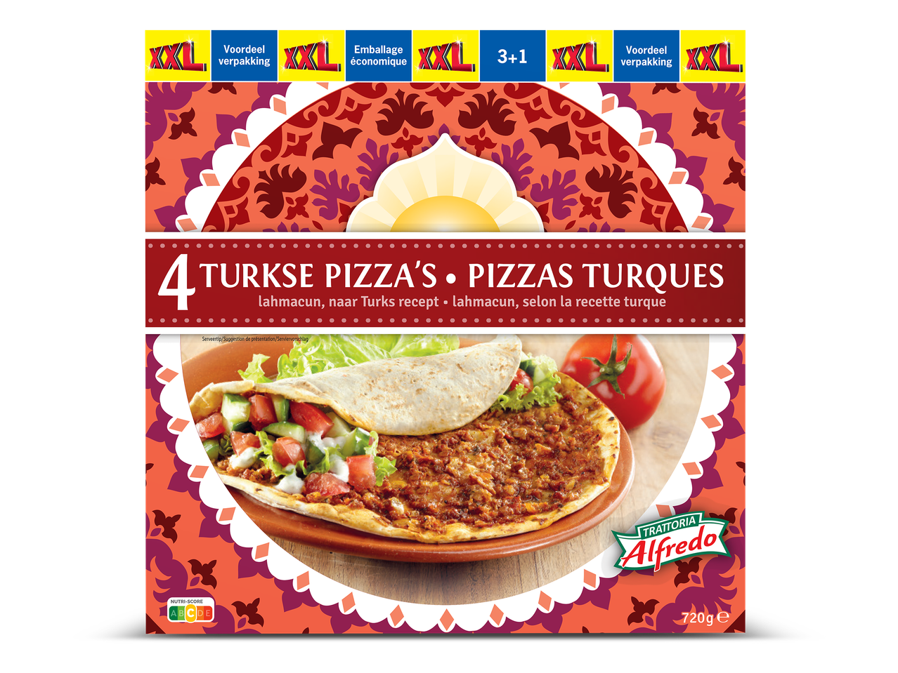 Verpakking van 4 Turkse pizza's (lahmacun) met Nutri-Score A en 720g inhoud.