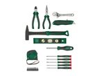 A set of hand tools including pliers, hammer, adjustable wrench, utility knife, spirit level, tape measure, screwdriver set, and various bits.