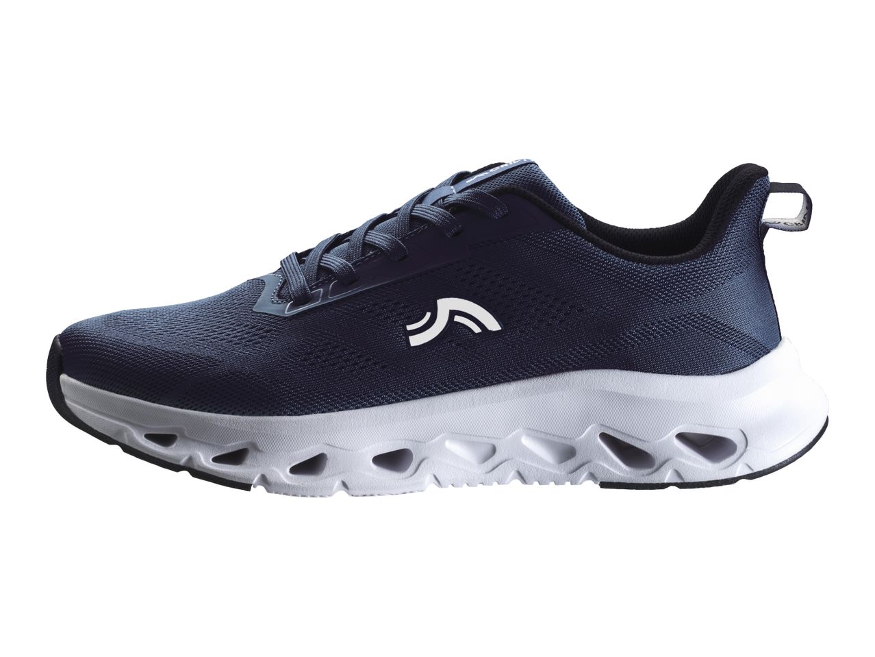 Navy blue athletic shoe with white sole and a white logo on the side.