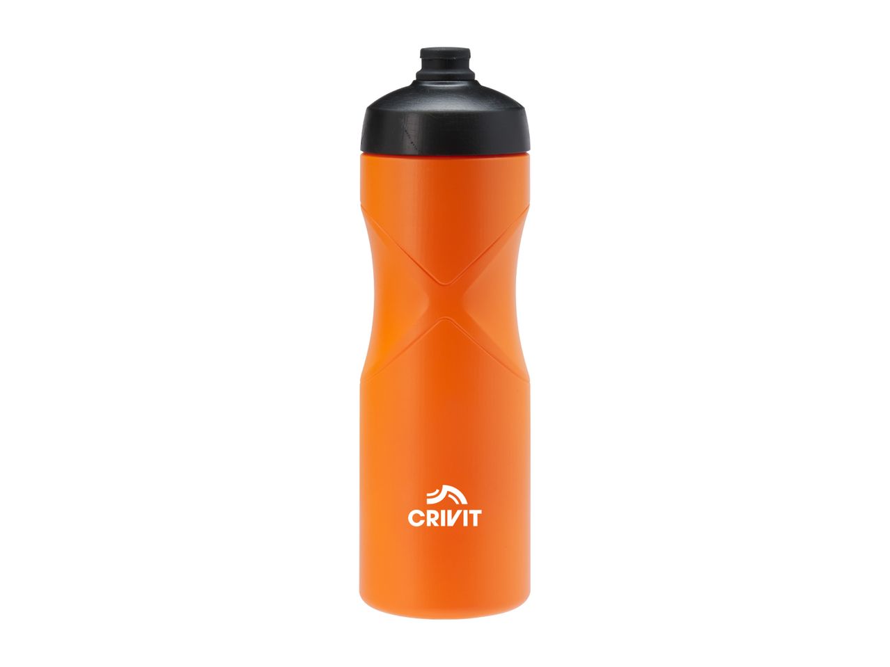 Orange sports bottle with a black cap and an hourglass-shaped design.
