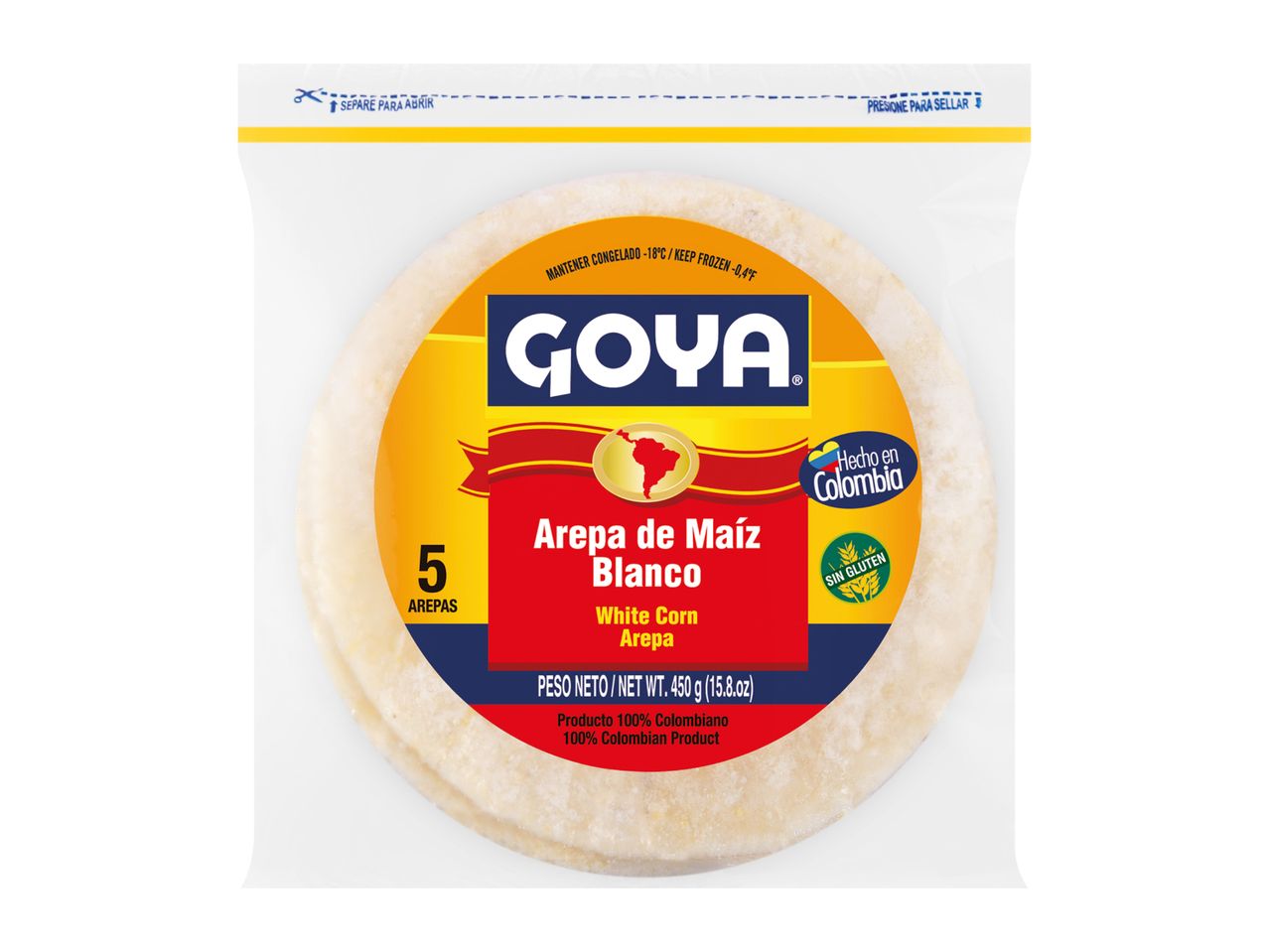Frozen white corn arepas in clear packaging, with a yellow and red label indicating 5 arepas, gluten-free, and Colombian origin.