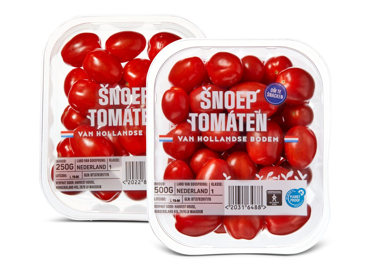 Verpakkingen met snoeptomaten "Snoep Tomaten" van Hollandse bodem.