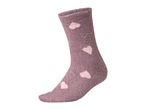 Soft pink fuzzy sock with a heart pattern