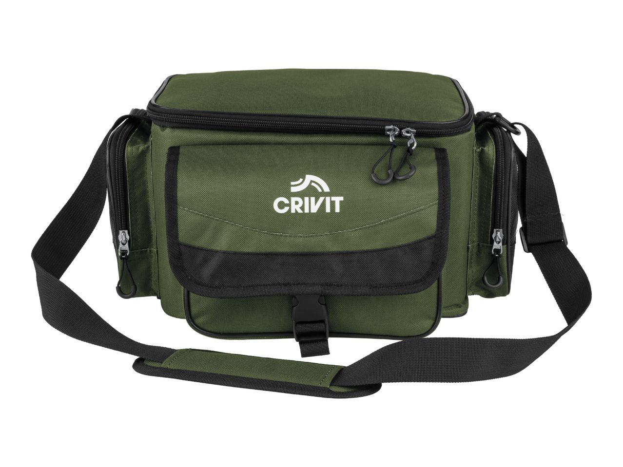 Green fishing bag with multiple compartments and a shoulder strap.