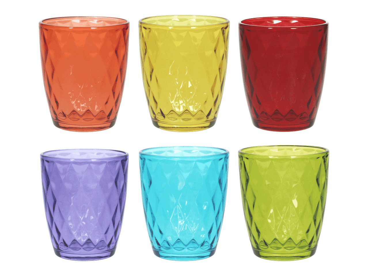 Kuusi eriväristä juomalasia, joissa on timanttikuviointi.