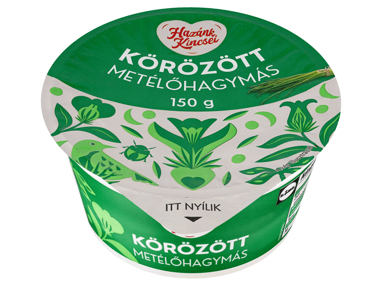 Metélőhagymás körözött zöld mintás tégelyben.