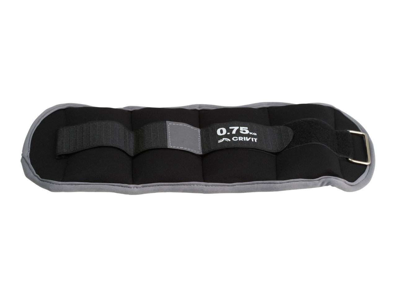 Black and grey ankle weight with a 0.75 kg label and adjustable strap.