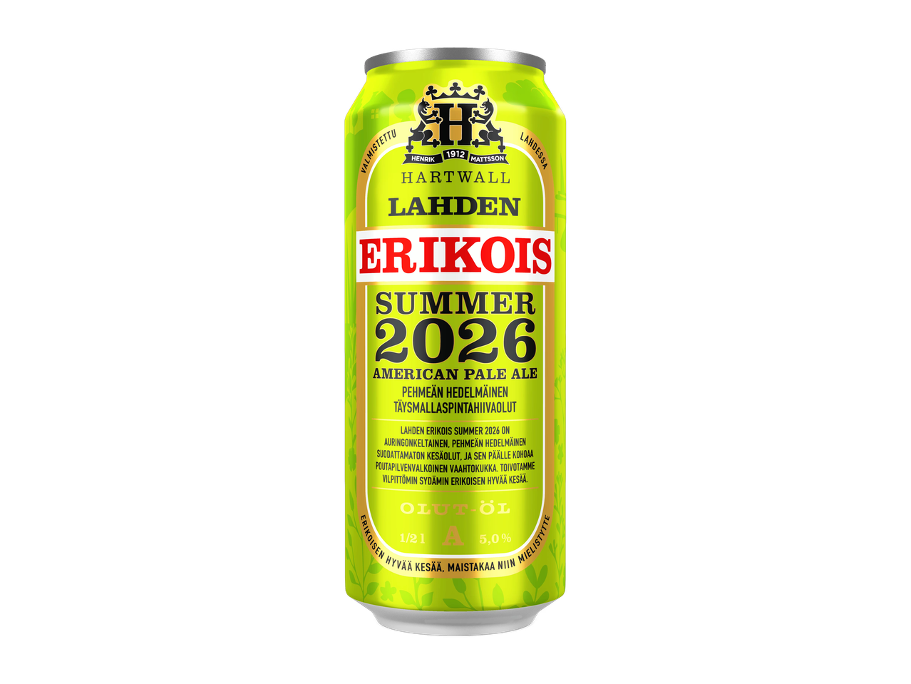Keltainen oluttölkki, jossa on tekstiä ja vuosiluku 2026, American Pale Ale.