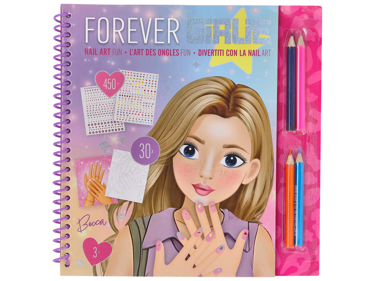 Livre d'activités Nail Art avec autocollants, crayons de couleur et motifs de mains.