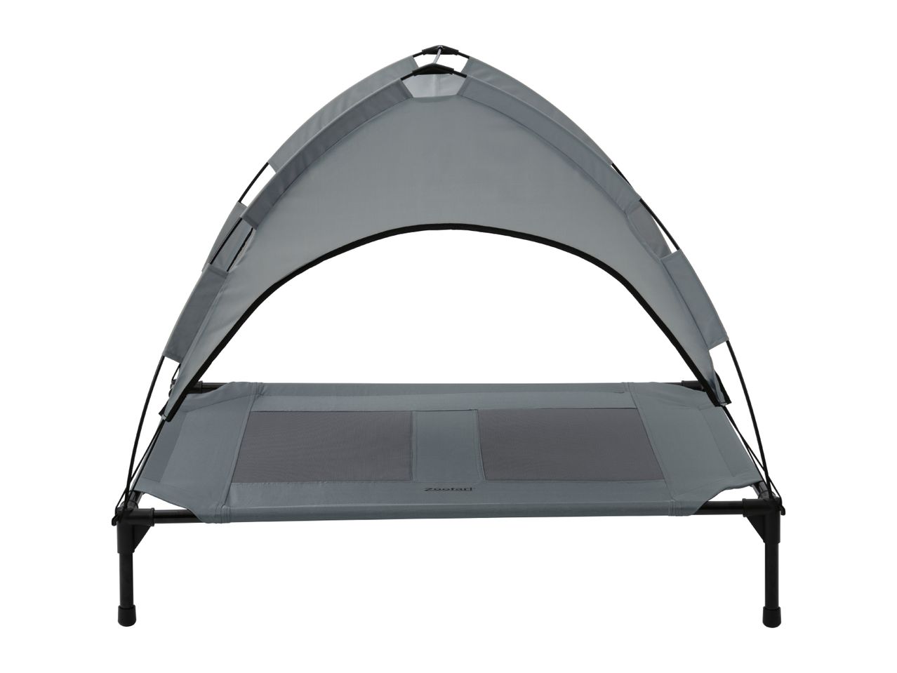 Grey elevated pet bed with a sun canopy, featuring mesh panels on the sleeping surface.