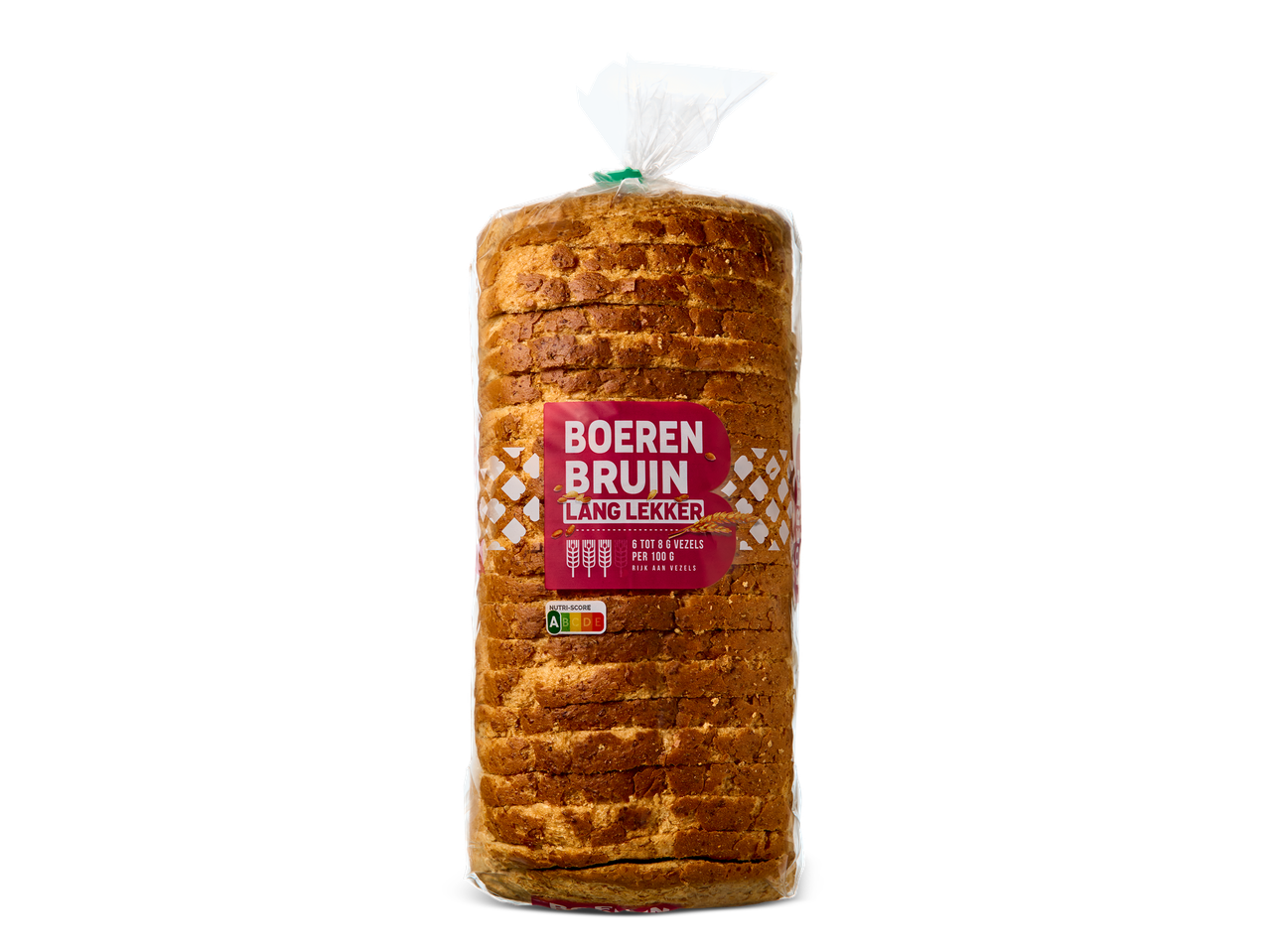 Een verpakking gesneden bruin brood met een rood etiket met de tekst 'Boeren Bruin Lang Lekker' en een Nutri-Score A.