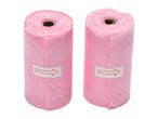 Two rolls of pink plastic bags with arrows indicating dispensing direction.