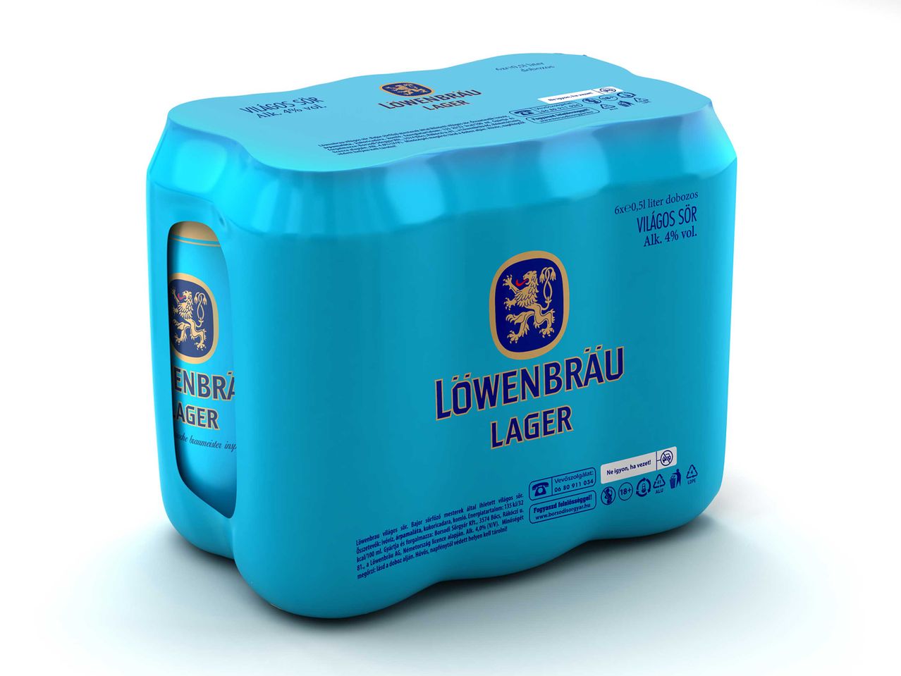 Löwenbräu Lager sör hatos csomagolásban, kék színű fóliában.