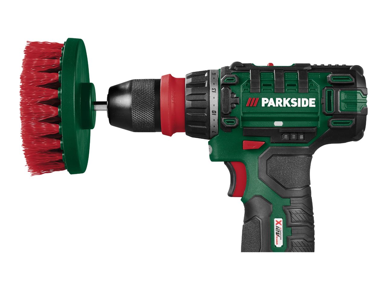 Cordless drill with a red scrubbing brush attachment