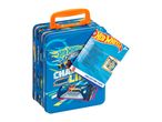 Blue toy car collecting case with an orange handle and car graphics.
