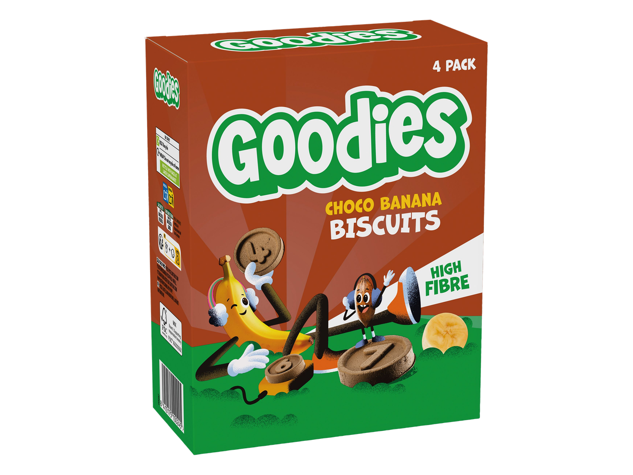 Caixa de biscoitos de banana e chocolate, com a indicação '4 PACK' e 'HIGH FIBRE'.