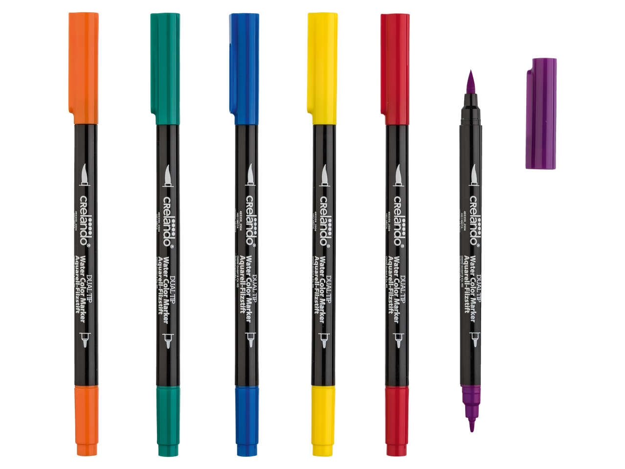 Šešių Crelando® Dual Tip akvarelinių žymeklių rinkinys įvairiomis spalvomis.