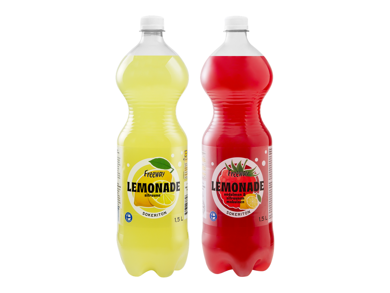 Kaksi sokeritonta limonadipulloa, toinen sitruunanmakuinen ja toinen vadelman ja sitruunan makuinen.
