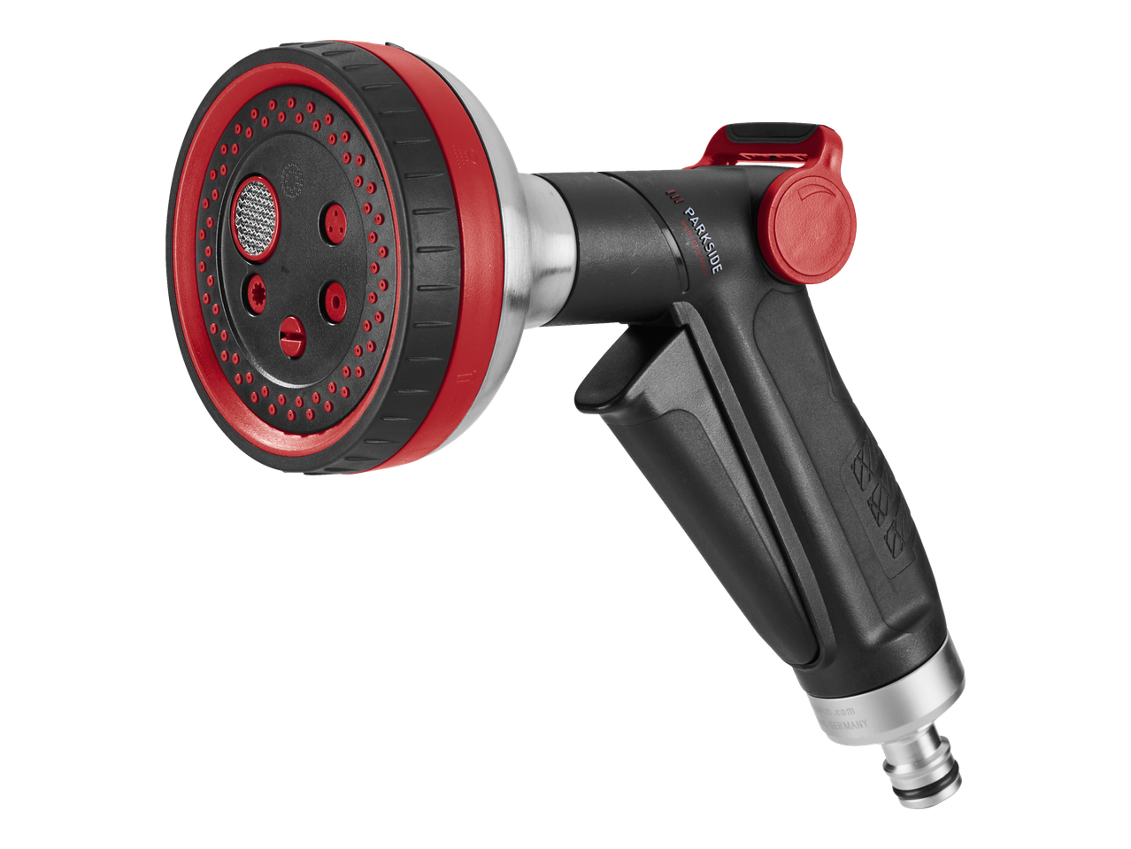 Parkside Performance® daudzfunkcionāla duša/dārza smidzinātājs melnā un sarkanā krāsā.