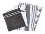 Set of kitchen towels in various grey and white striped and checkered patterns.