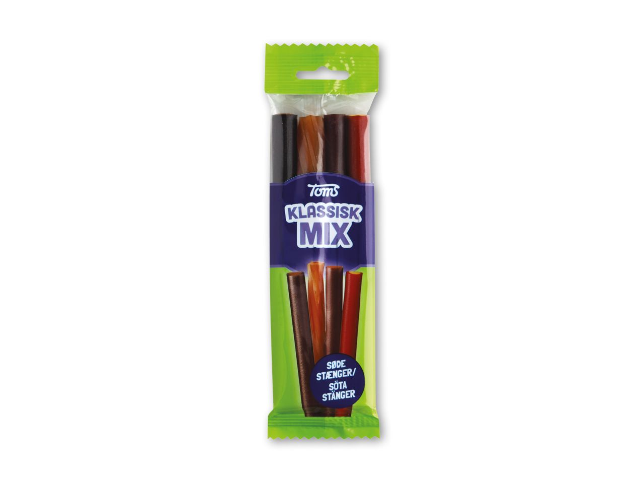 En pakke med klassisk lakridsmix med søde stænger i forskellige farver.