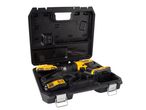 A Dewalt  cordless drill and battery in a black carrying case.