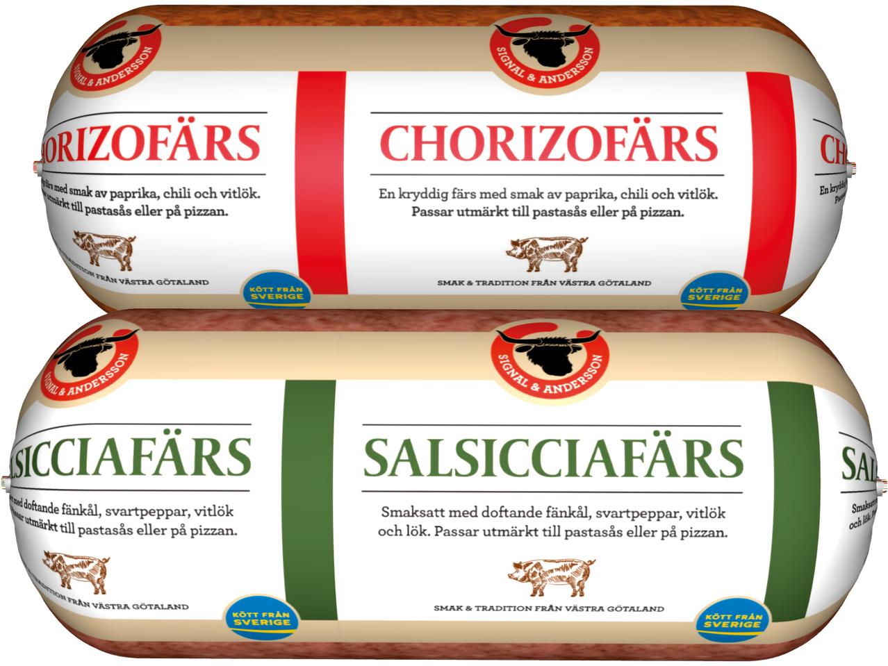 Två paket köttfärs: Chorizofärs och Salsiçciafärs.