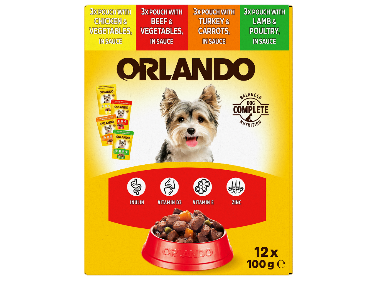 Опаковка храна за кучета с пиле, говеждо, пуешко и агнешко в сос, обогатена с витамини и цинк.