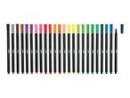 A row of colorful felt-tip pens with black barrels, one pen uncapped.