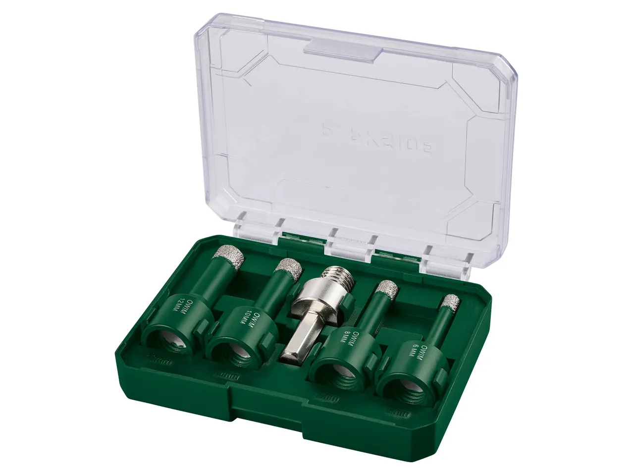 Set di punte diamantate verdi per piastrelle in una custodia trasparente, con misure da 6mm a 12mm.
