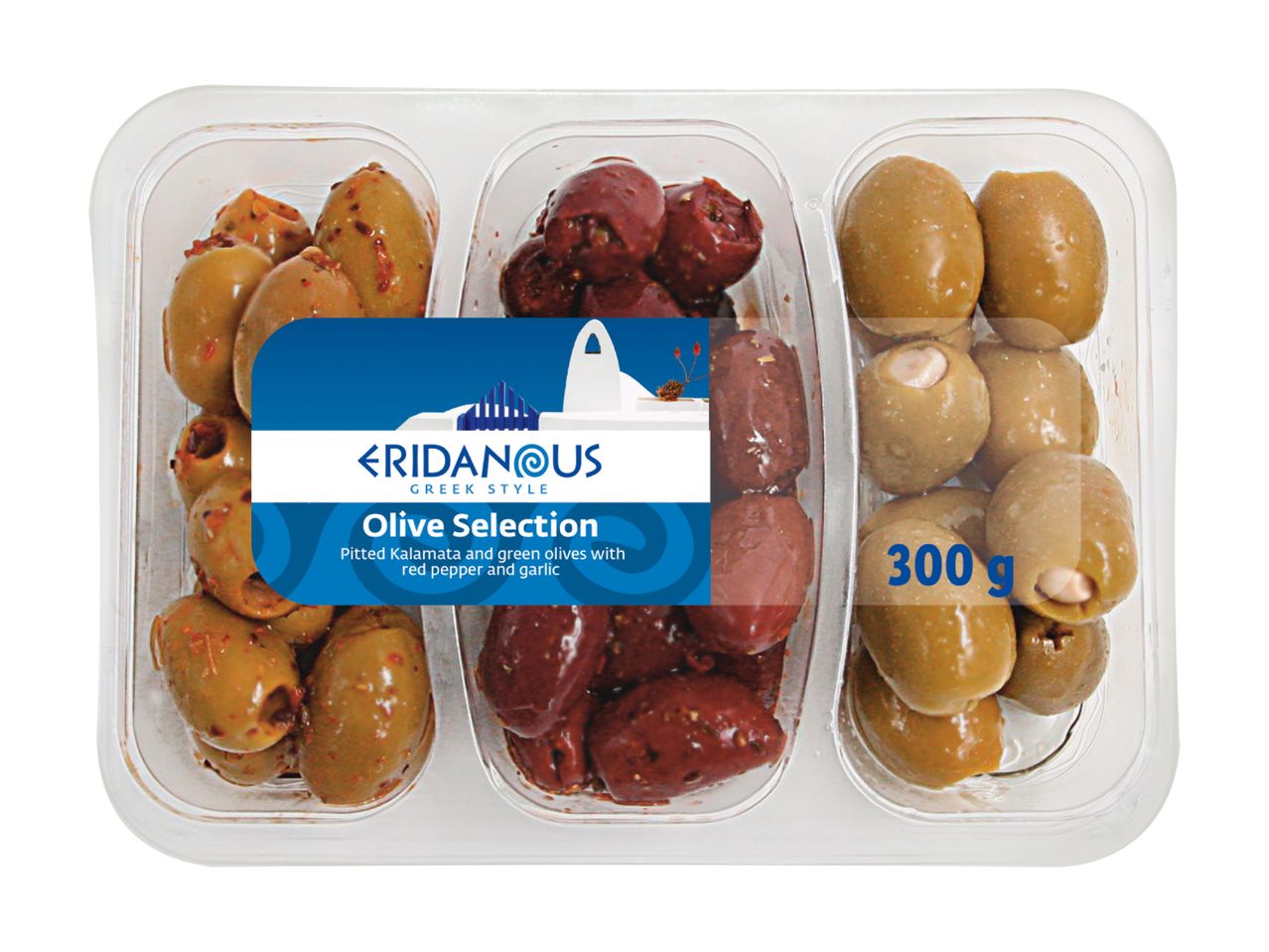 Krida Niri olive selection: green, red, and brown olives in a plastic tray.