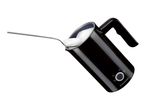 Black milk frother with a spoon scooping out white foam, angled view.