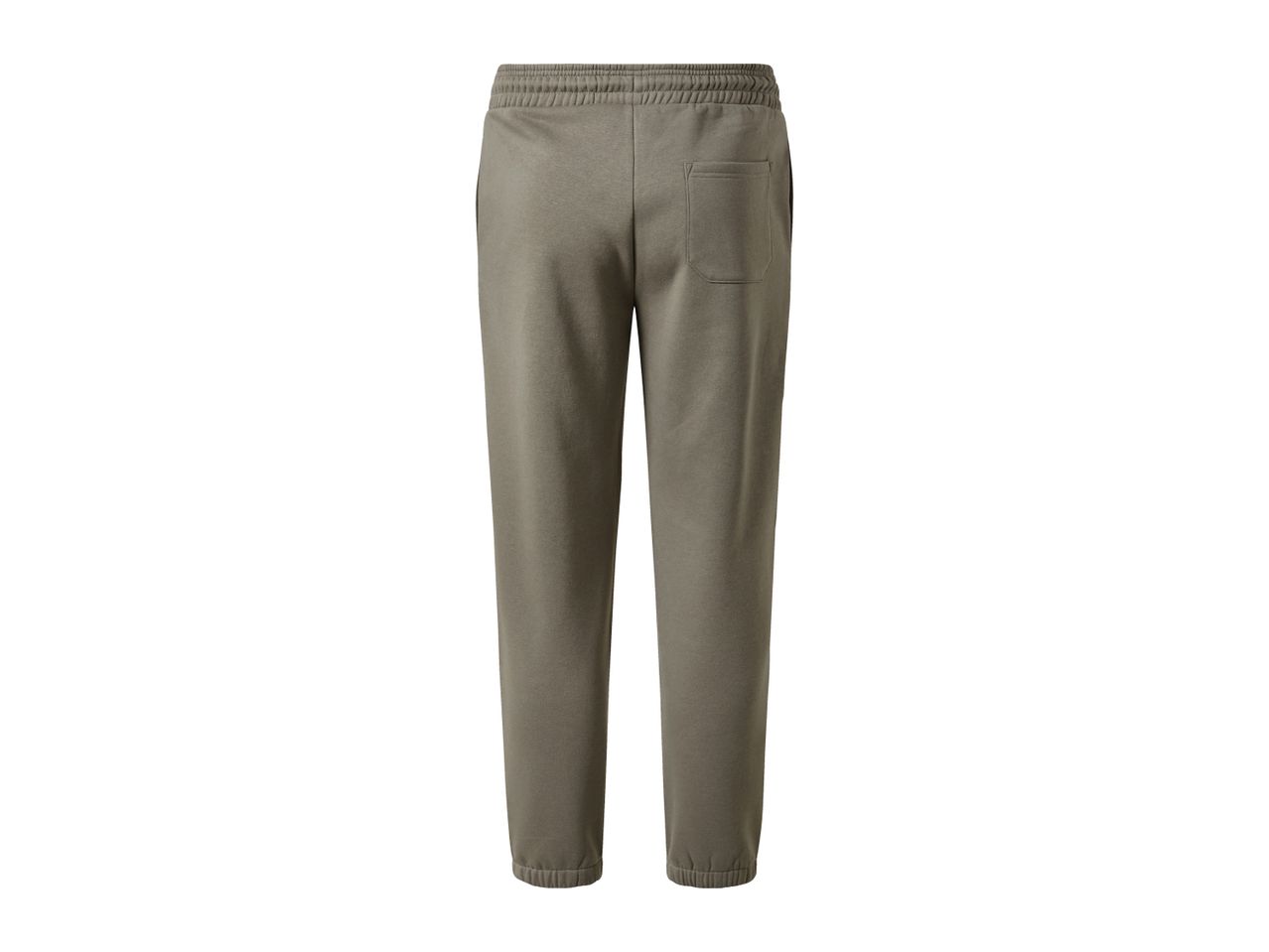 Rear view of olive green sweatpants with an elastic waistband and a back pocket.