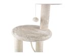 Beige cat tree with a plush platform, scratching posts, and a dangling pom-pom toy.