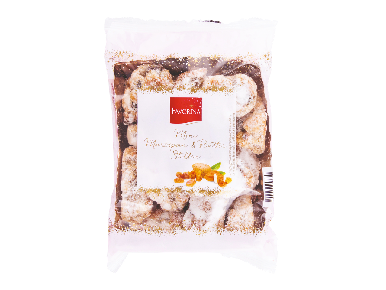 Favorina Mini Marzipan & Butter Stollen in a clear bag with gold star accents
