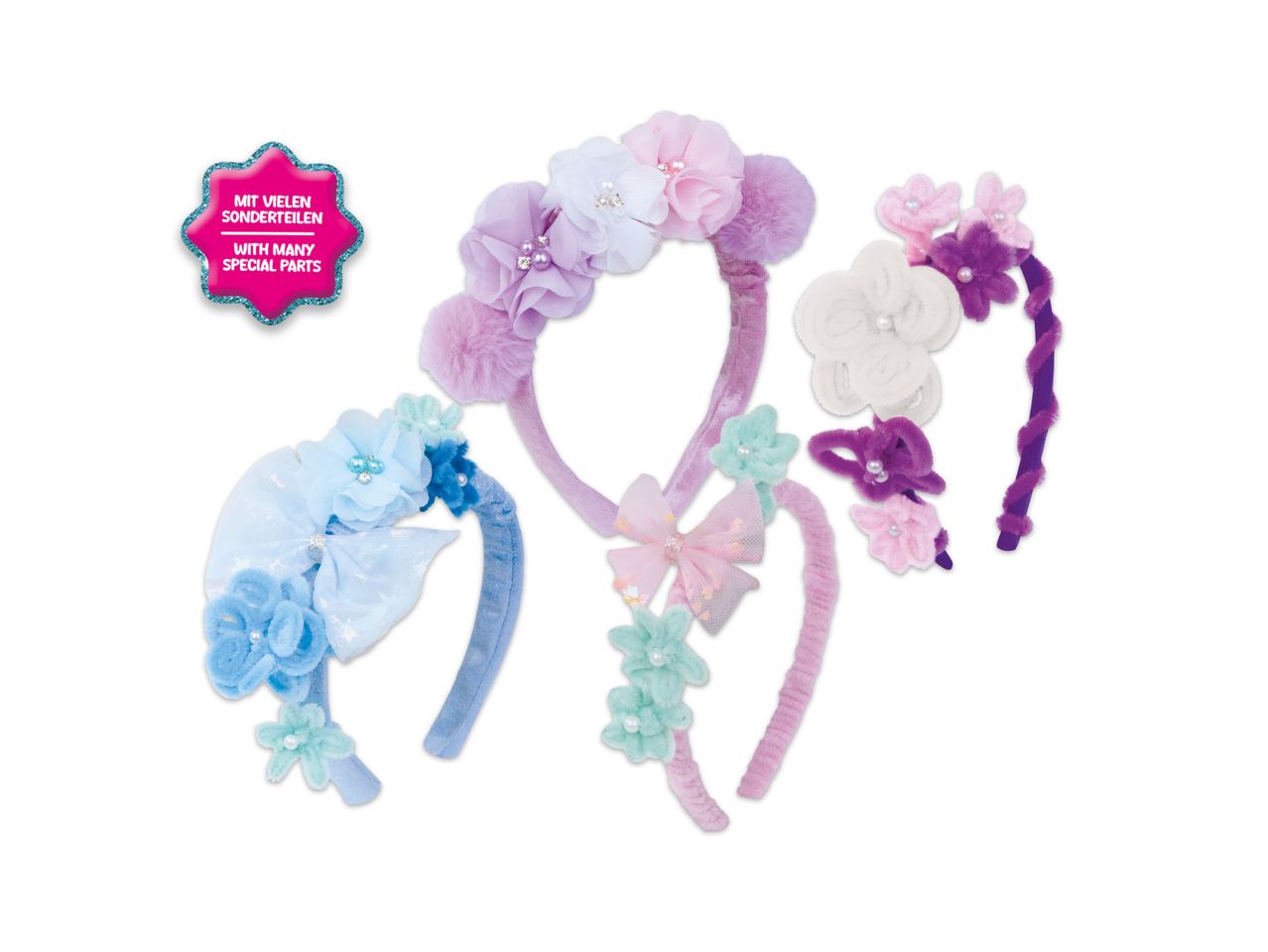 Three colorful headbands with flowers and bows, and a pink label saying 'WITH MANY SPECIAL PARTS'.