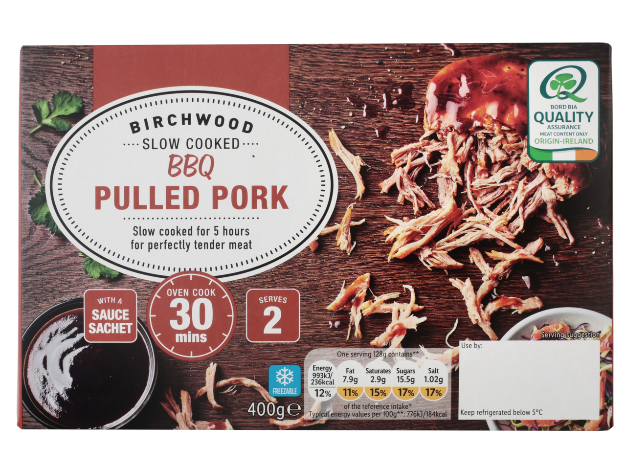 Birchwood Smoky Pulled Pork with BBQ sauce, oven cook 30 mins, serves 2, 400g.