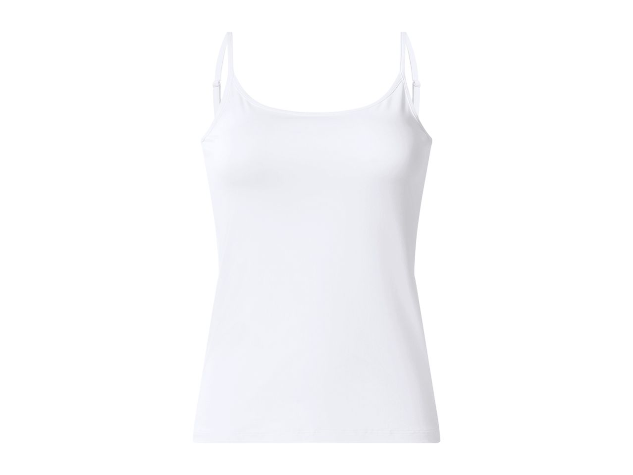 White women's camisole with adjustable spaghetti straps, front view.
