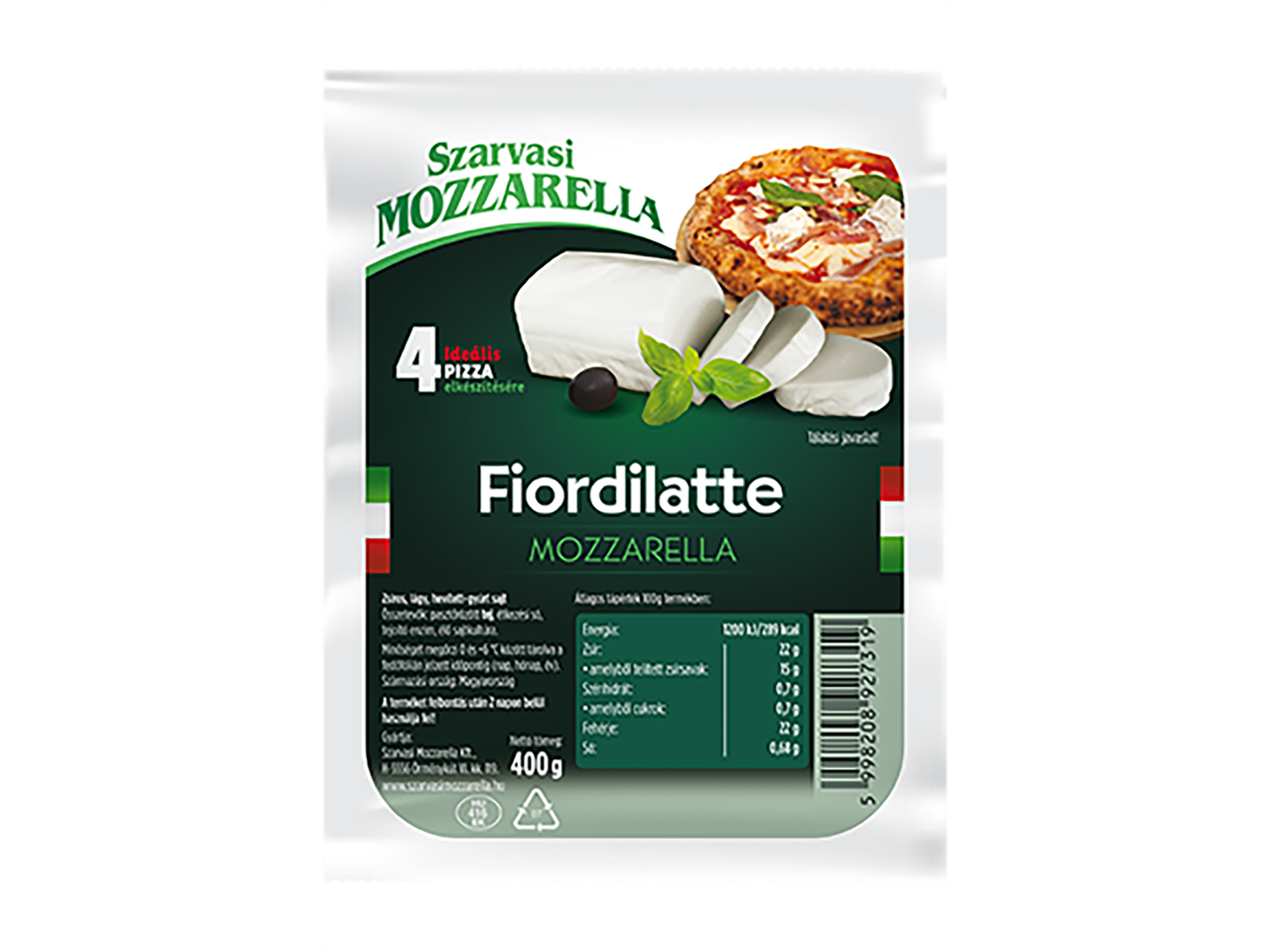 Fiordilatte mozzarella sajt 400 g-os kiszerelésben.