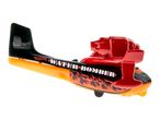 Toy water bomber plane, black and orange with red flames and text 'WATER BOMBER'.